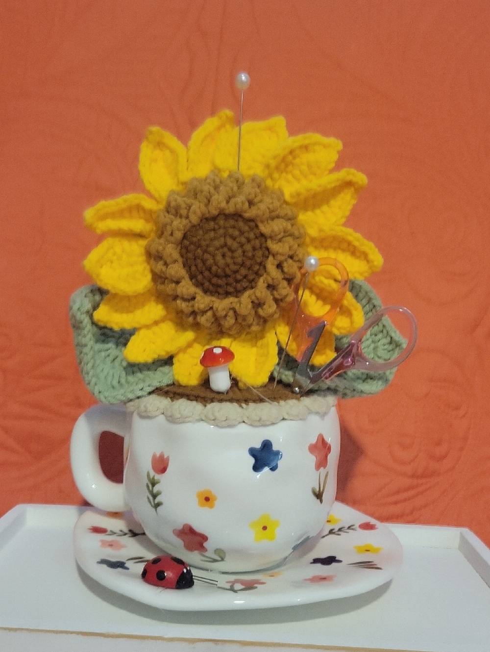 Handcrafted Yellow Sunflower Pin Cushion Cup and Saucer - Home Accents Decor